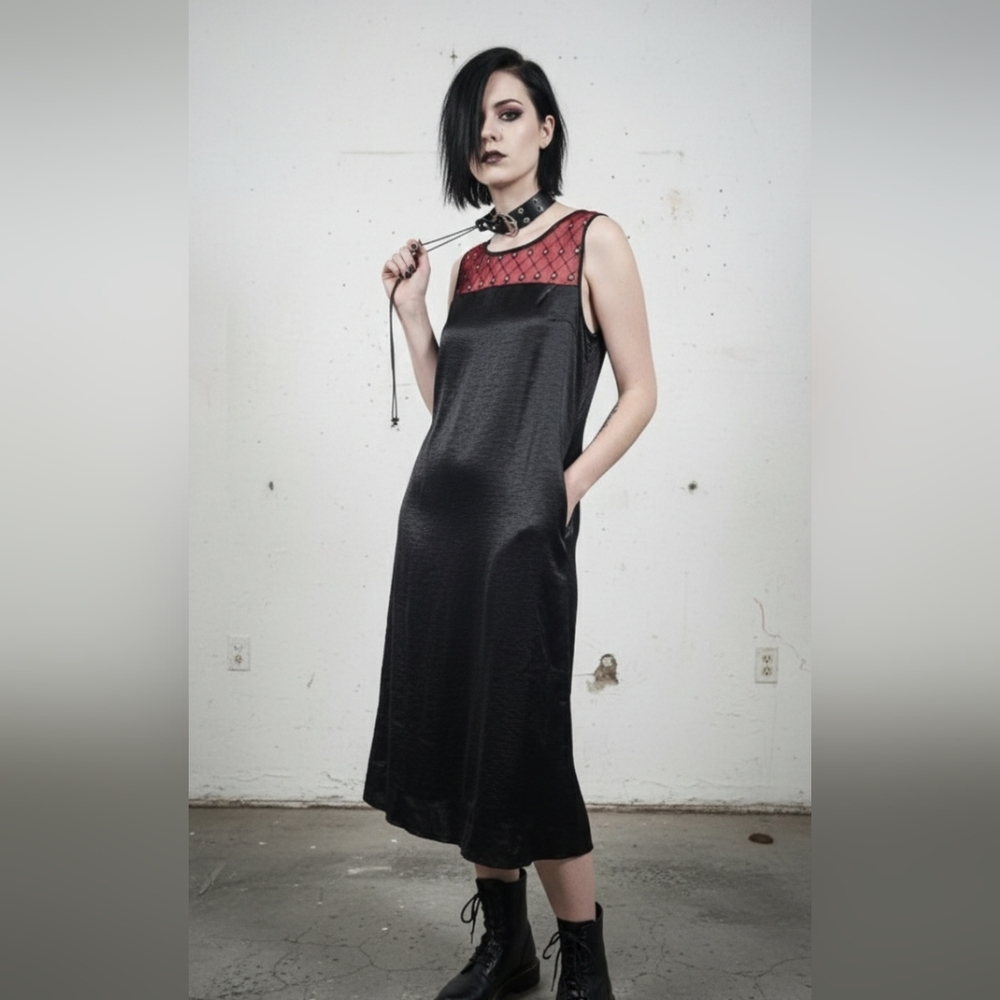 Le Bos Dress Black Satin Midi Shift Goth Grunge Fairy Sleeveless 18